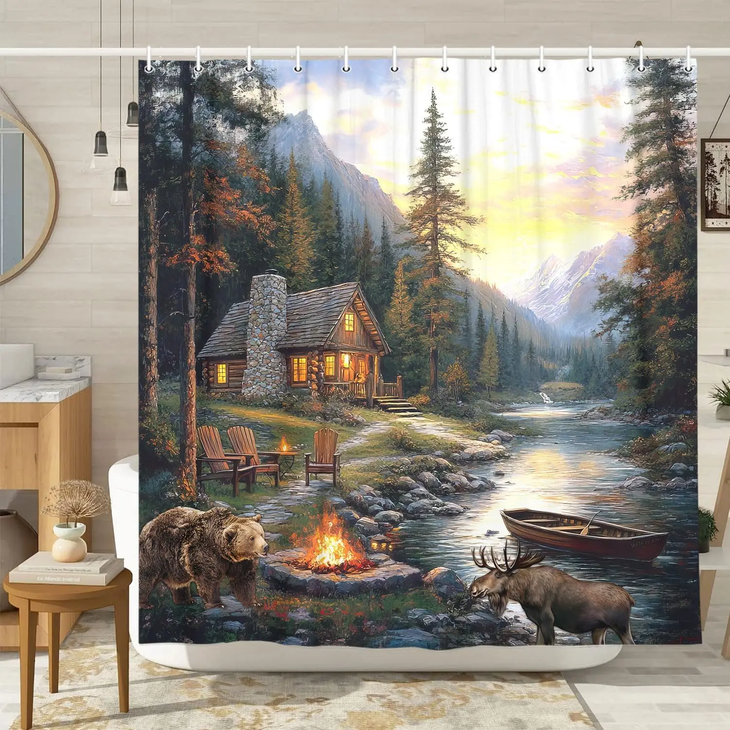 ريفي المقصورة لودج دش الستار مع الدب موس، كامو نهر بحيرة الغابات الحياة البرية ستارة حمام الصيد مخيم الغابات الريفية