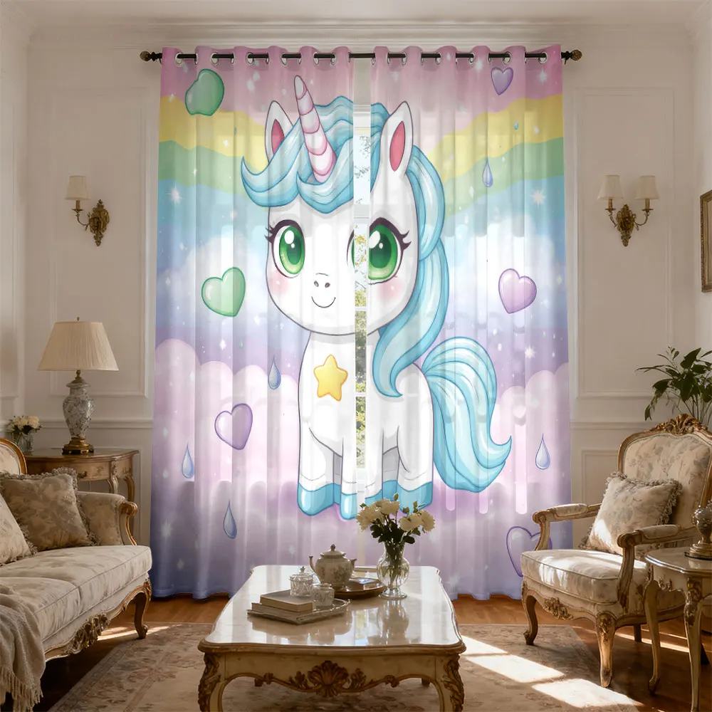 90g Double Opening Curtains Cartoon Unicorn Rainbow Pink Cloud Cute Q Version Pattern Curtains for Girls Home