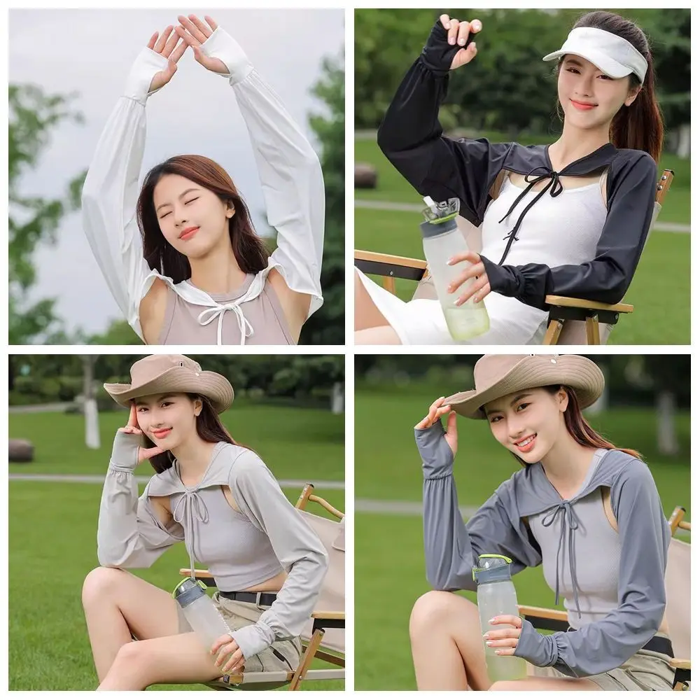 Solid Color Sunscreen Shawl Long Sleeve Thin Fabric Sun Protection Clothing Thumb Hole Ice Silk Long Sleeve Crop Top