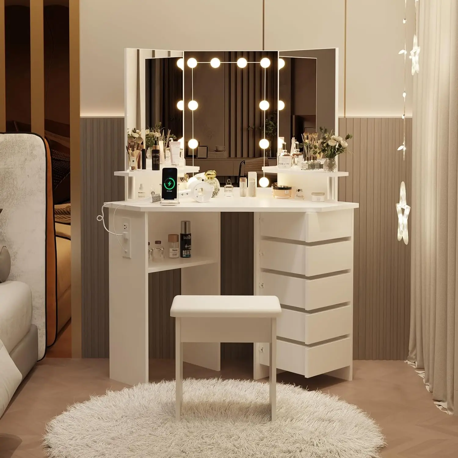 Makeup Vanity Desk with Lights & Power Outlet, Corner Vanity Table with 5 Rotating Drawers,3 Color Lighting, Brightness Adjustab