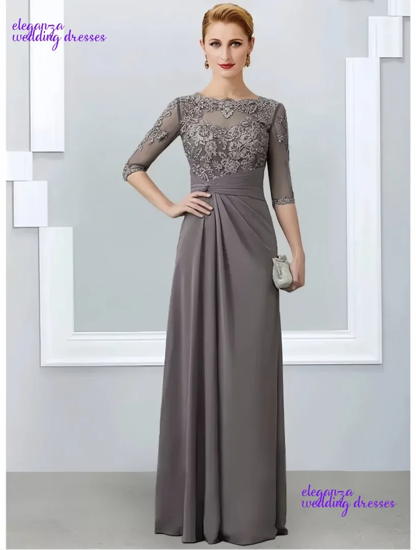 Abito da madre della sposa grigio a trapezio personalizzato con collo gioiello, lunghezza del pavimento, mezze maniche in chiffon, applicazioni in pizzo, abiti da festa di nozze
