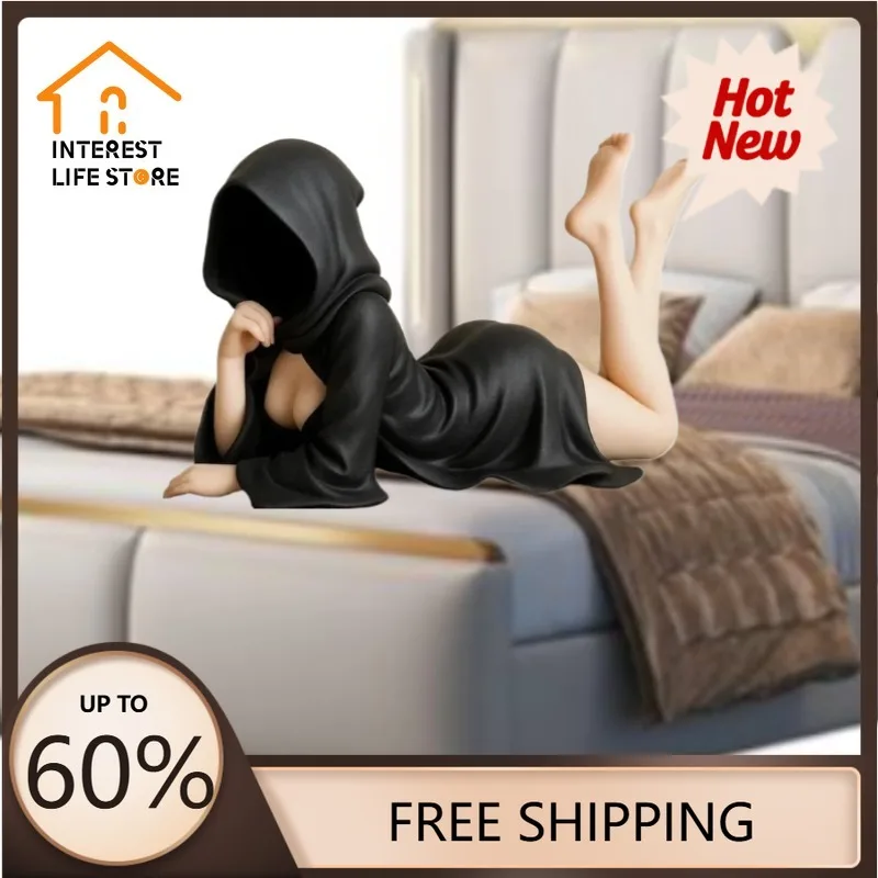 

Mysterious Sexy Lying Horizontally Statue Sitting Resin Ornament Sculptures Ghost Black Horror Robe Halloween Desktop Room Decor