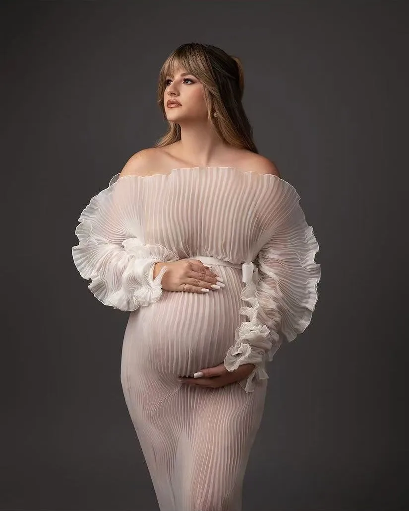 فساتين للحمل التقطت الصور منتفخ الأكمام قبالة الكتف مطوي طويل الأمومة التصوير فستان النساء الحوامل ماكسي العباءات شير