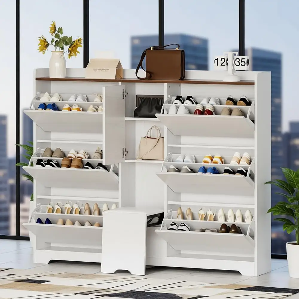 

Современный тонкий шкаф для обуви 9,3 с 6 ящиками, регулируемыми полками и скрытым табуретом для хранения в прихожей