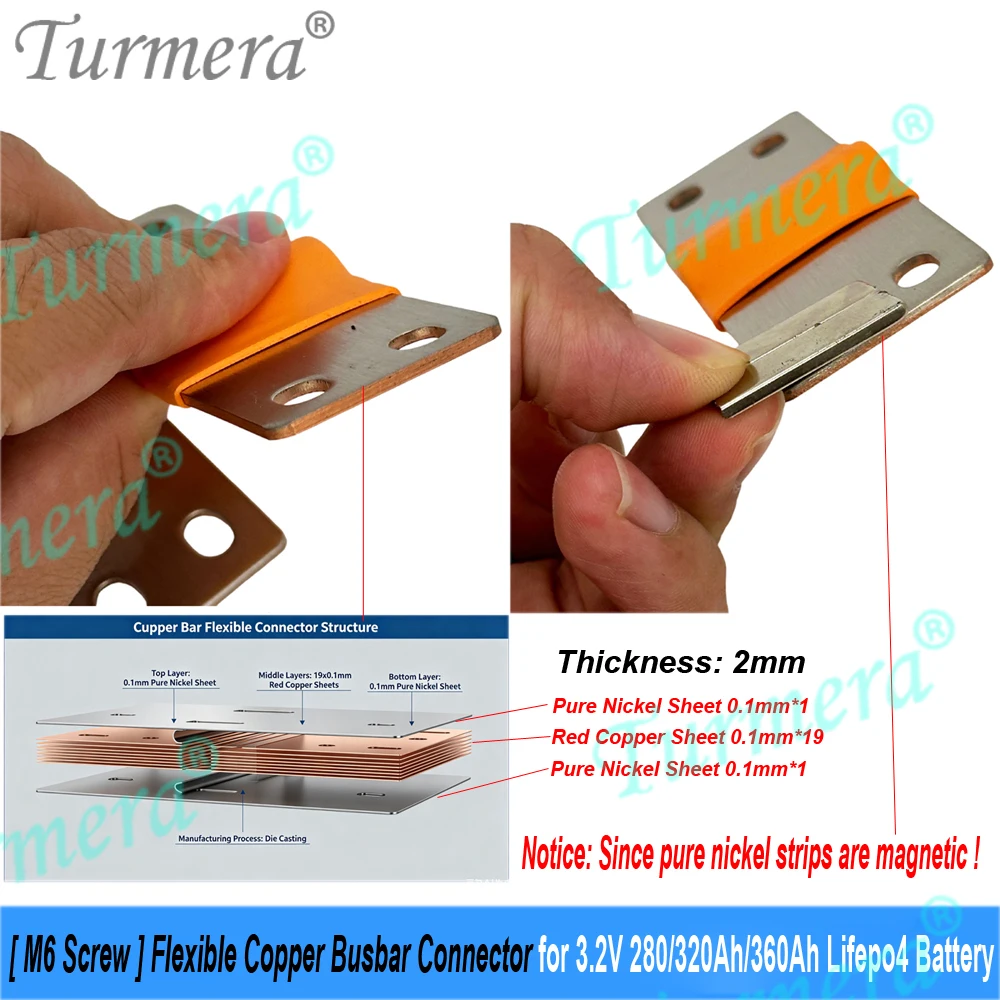 Turmera 12V 24V 48V Flexible Copper Busbar Connector Hole to Hole 74mm 56mm 2mm 4mm 300A for 280Ah 320A 360Ah Lifepo4 Battery view 5
