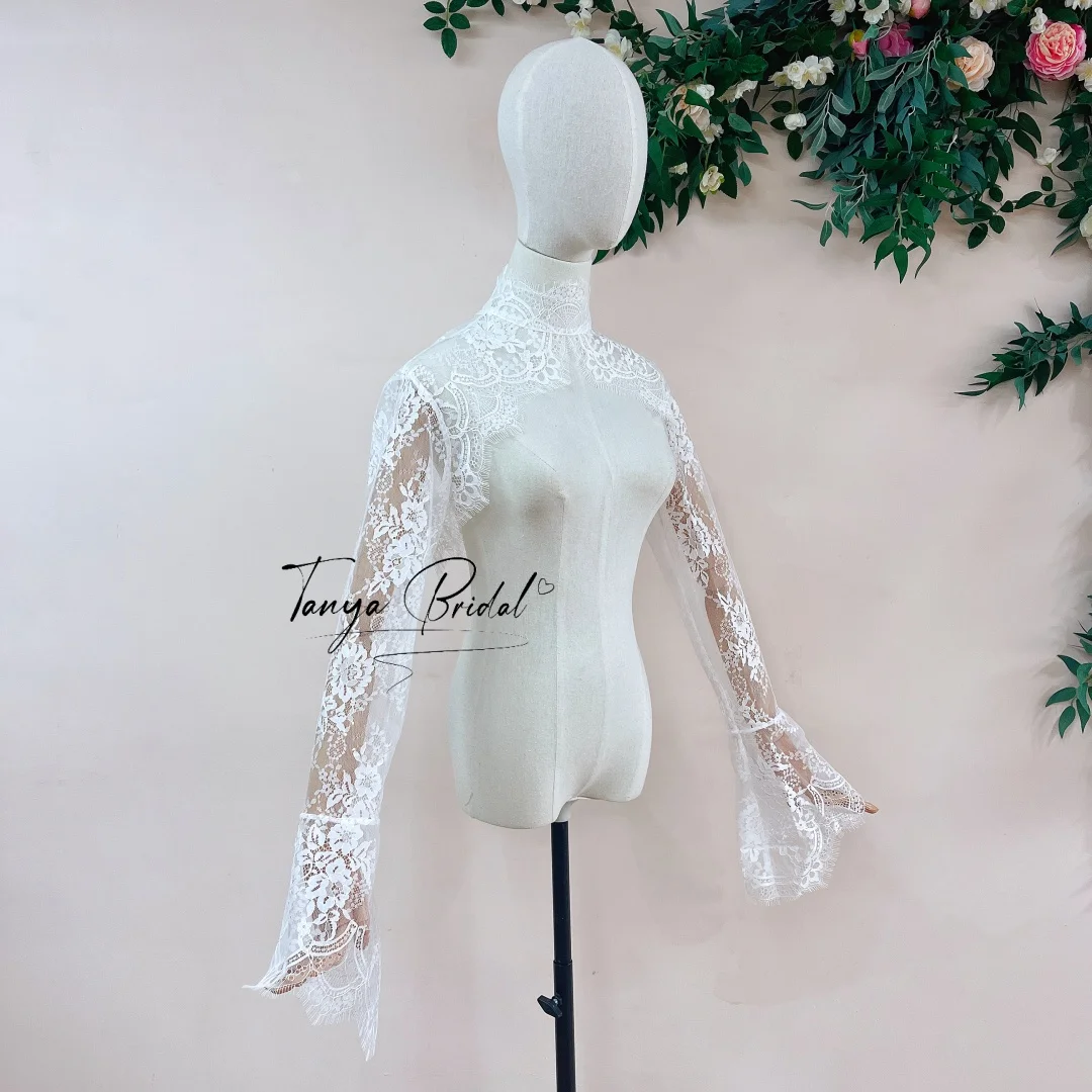 Bridal Lace Bolero Jacket Long Sleeves High Neck Flare Sleeves Buttons Back Elegant Wedding Top for Brides
