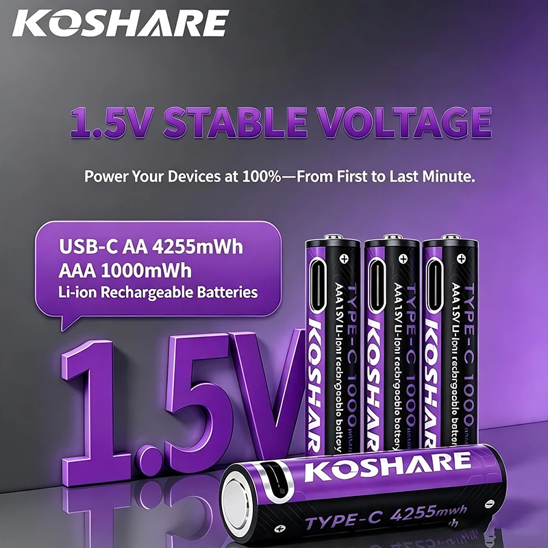 KOSHARE Wiederaufladbare Batterien AA AAA USB-C 1,5V Lithium-Ionen-Akku Hohe Kapazität 4255mWh 1000mWh Für Wecker Taschenlampen