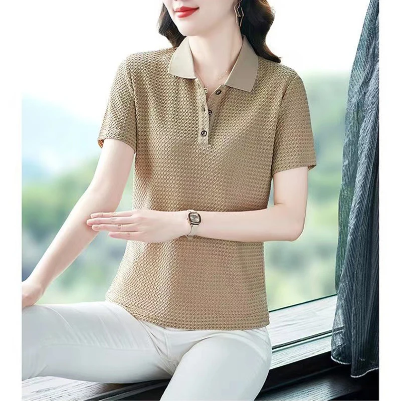 Women Summer Korean Fashion Elegant Short Sleeve Button Polo Collar T-shirt Female Solid Casual Slim Commute Tops Polos Mujeres