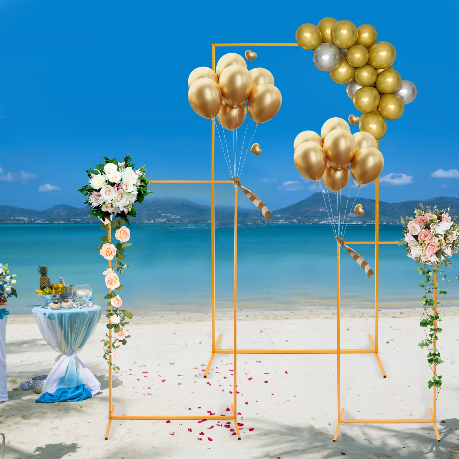 3 PCS Gold Rectangular Wedding Standard Metal Backdrop Stand, Rectangular Balloon Frame, Metal Backdrop Stand