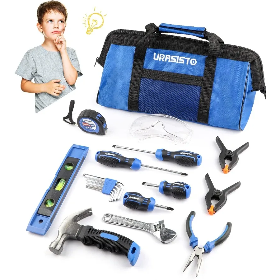 

Набор инструментов из 18 предметов с сумкой для хранения инструментов для детей 8 лет, настоящие ручные инструменты для самостоятельного изготовления и деревообрабатывающих проектов, образовательные STEM L