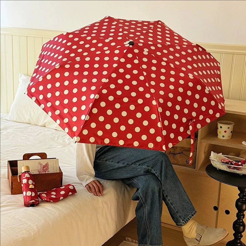 

Vintage Red Polka Dot Automatic Umbrella Women's Sunshade Windproof Rain and Sun Dual Purpose Student Daily Use Retro Umbrella