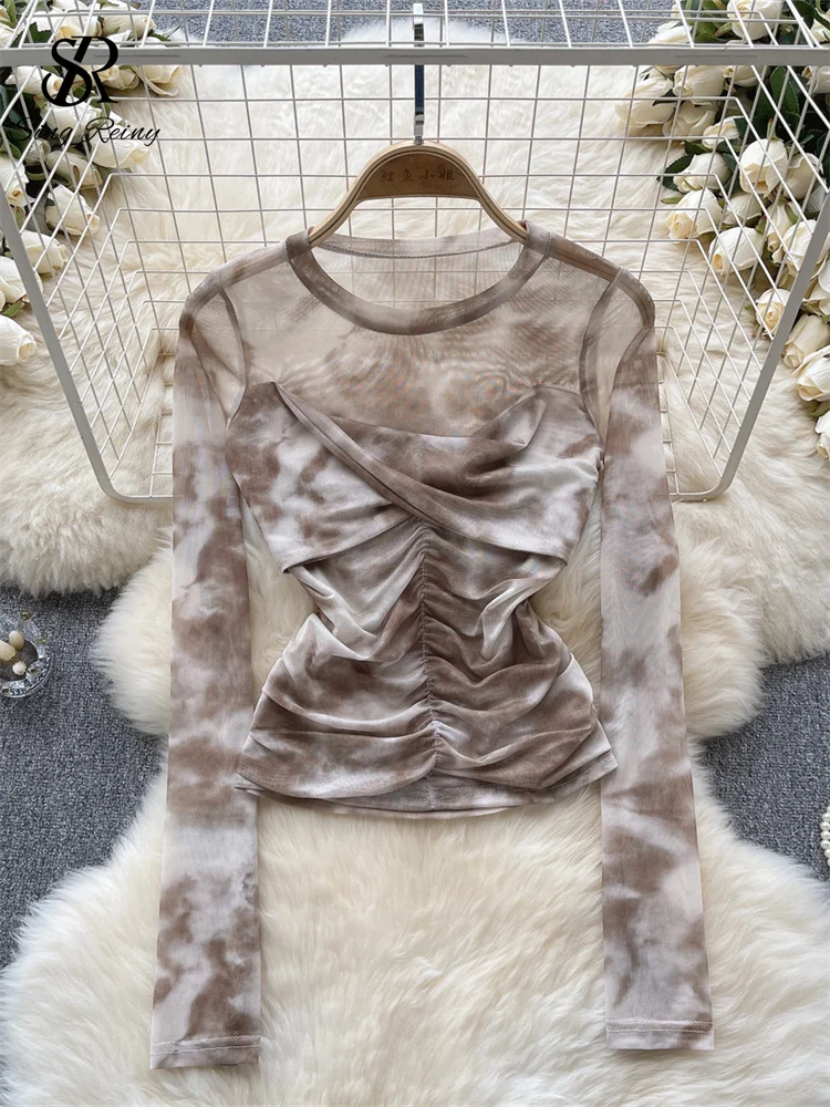 SINGREINY Europe Long sleeved Mesh Sheer T-shirt Fashion Skinny Temperament Office Lady Blouse  O Neck Pleated Tie Dye Print Top