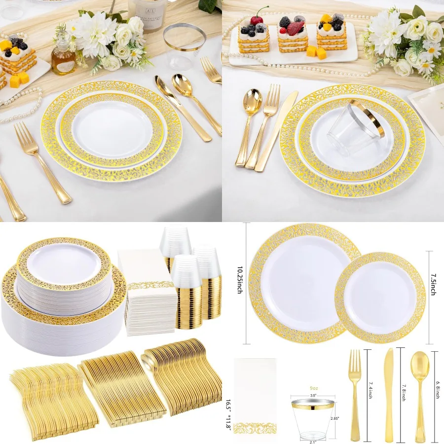 

210Pcs Gold Plastic Dinnerware Set for Elegant Events: Includes 30 Disposable Dinner Plates 30 Dessert Plates 30 Paper Napkins