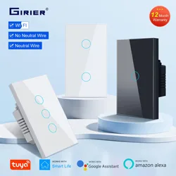 GIRIER-Interruptor táctil inteligente para el hogar, dispositivo con Wifi, No requiere cable neutro, 1/2/3 entradas, 100-240V, funciona con Alexa, Hey y Google