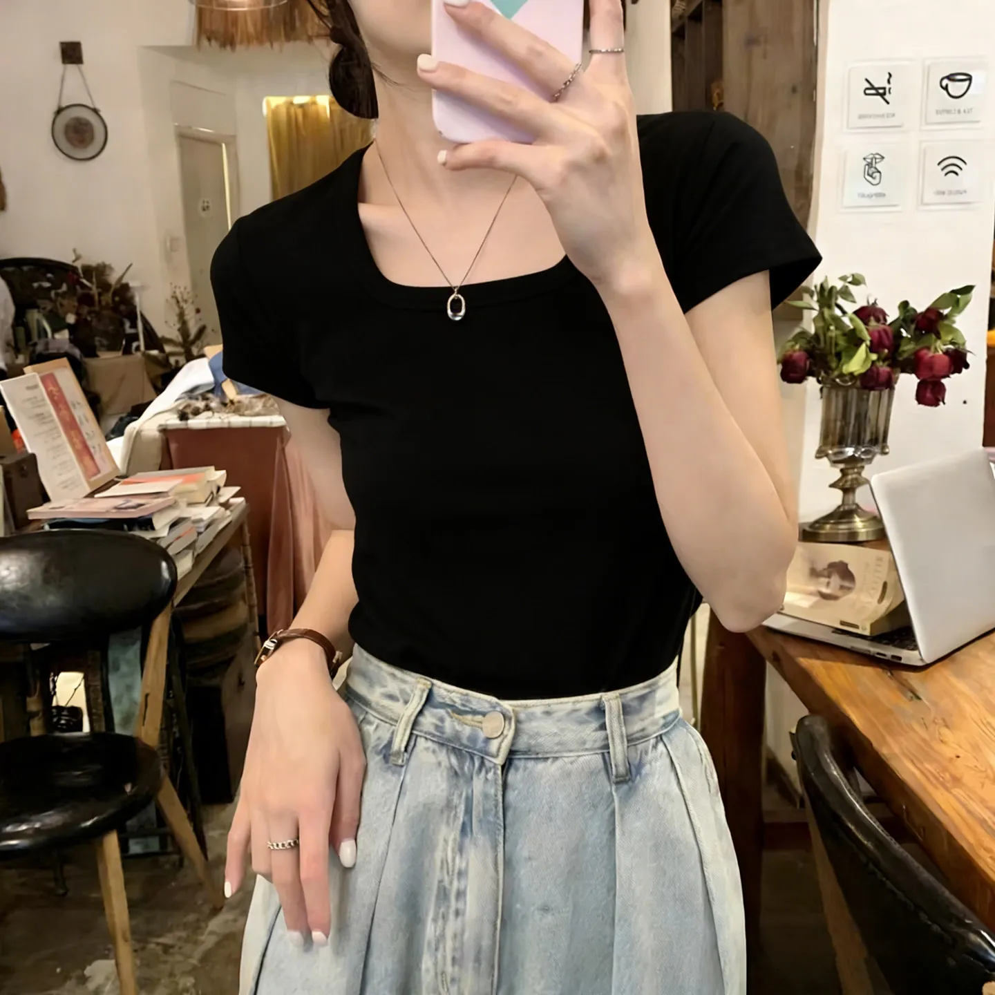 Pure Color Korean Style Short Sleeve U-Neck T-Shirt Women Summer Slim Fit Inner Outer Wear Base Shirt Casual Commute Style