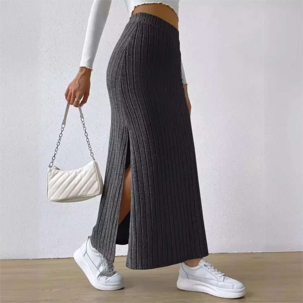 

Office Lady Solid Color Casual Skirts 2024 Autumn New High Waisted Side Slim Slit Knitted Long Skirt For Women Faldas Mujeres