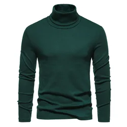 Suéter masculino de gola alta, camiseta verde, manga longa, cor sólida, pulôveres casual quente, suave e leve, nova marca, 2023