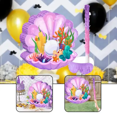 Seashell Pinata with Blindfold Stick Confetti, Refillable Creative Holder for Festival Party Favor Carnival Birthday Girls Boys
