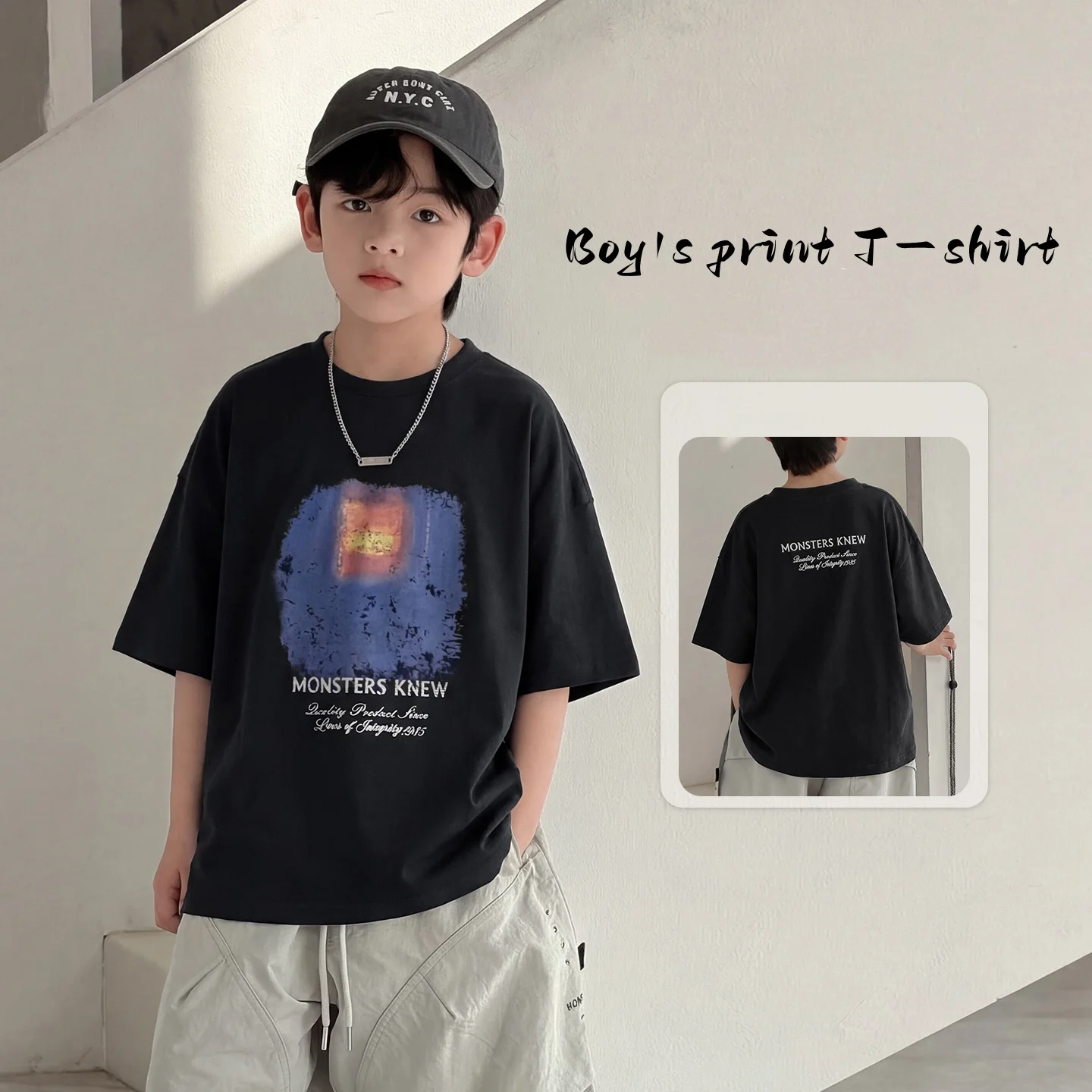 Cotton T‑Shirt Abstract Sunset Image and MONSTERS KNEW Letter Printed Short‑Sleeve Hip‑Hop Streetwear Kids Summer Tops