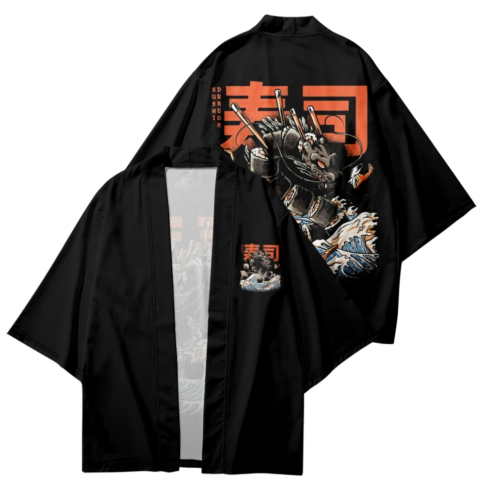 

Cardigan Women Haori Japanese Style Clothing Men Samurai Costume Yukata Black Sushi Dragon Print Kimono