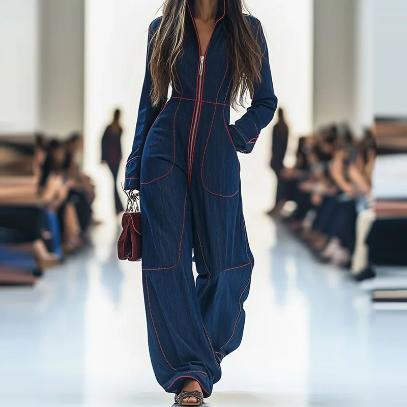 

Женский сексуальный комбинезон-карго с v-образным вырезом и длинными рукавами, повседневный карманный уличный однотонный длинный комбинезон, элегантный тонкий ковбойский комбинезон на молнии на талии