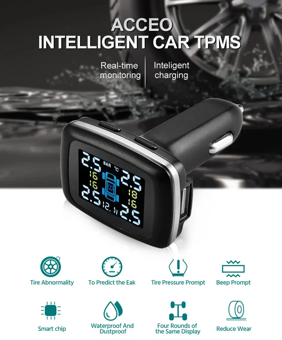ACCEO-ولاعة سجائر ذكية TPMS إنذار ضغط إطارات السيارة ، نظام مراقبة ، عرض 4 أجهزة استشعار ، إنذار درجة الحرارة ، USB ، TPMS