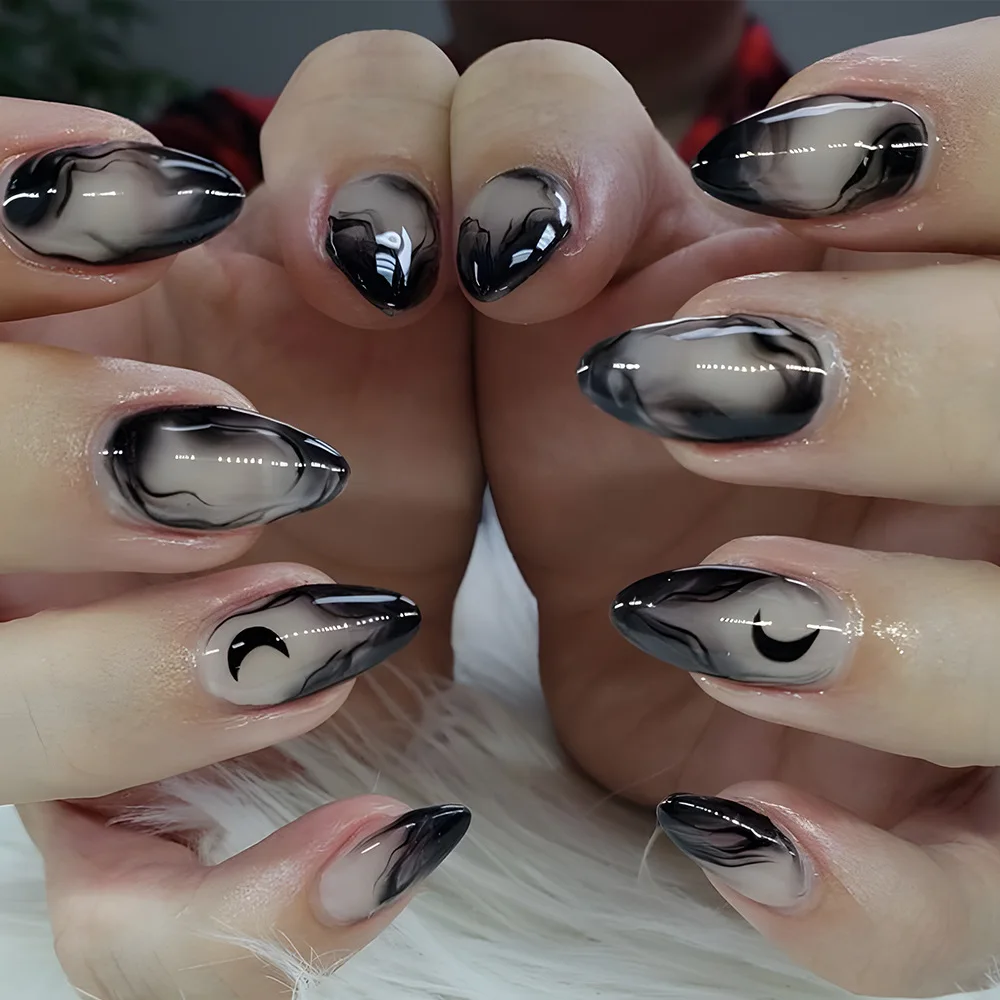 

24PCS Black Gradient Medium Almond Press on False Nails with Glue Simple Moon Patterns French Fake Nails for Women Halloween Tip