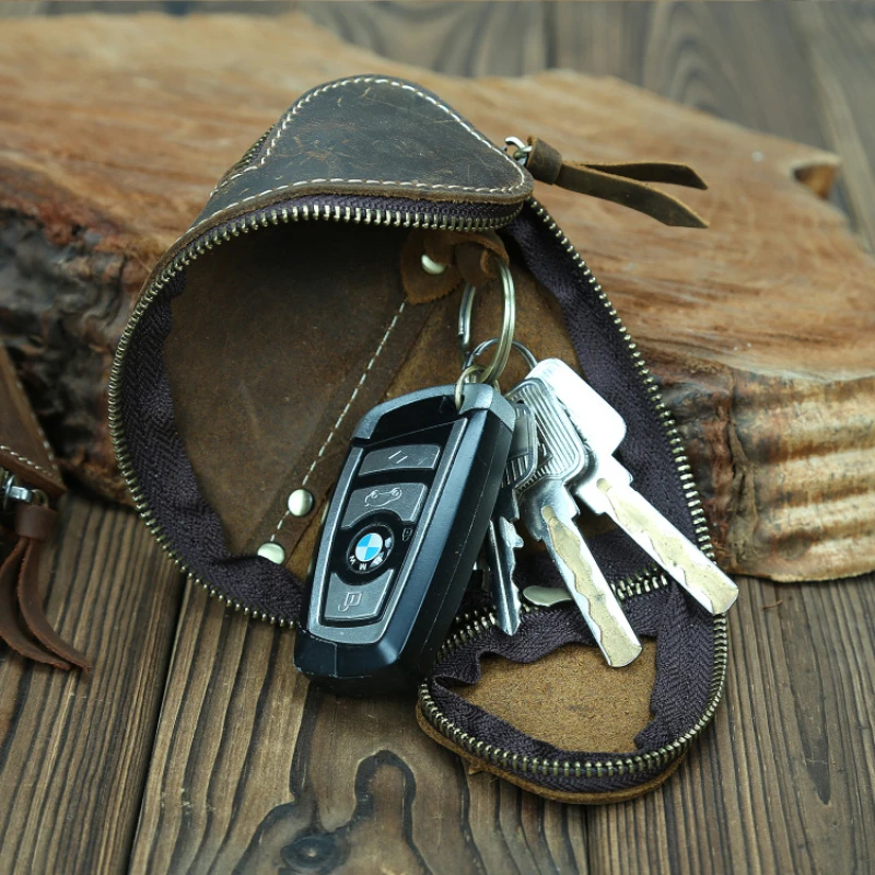 

Creative Retro Crazy Horse Leather Key CaseZipper Key Card Holder, Door Car Vintage Leather Key Bag for Men and Women