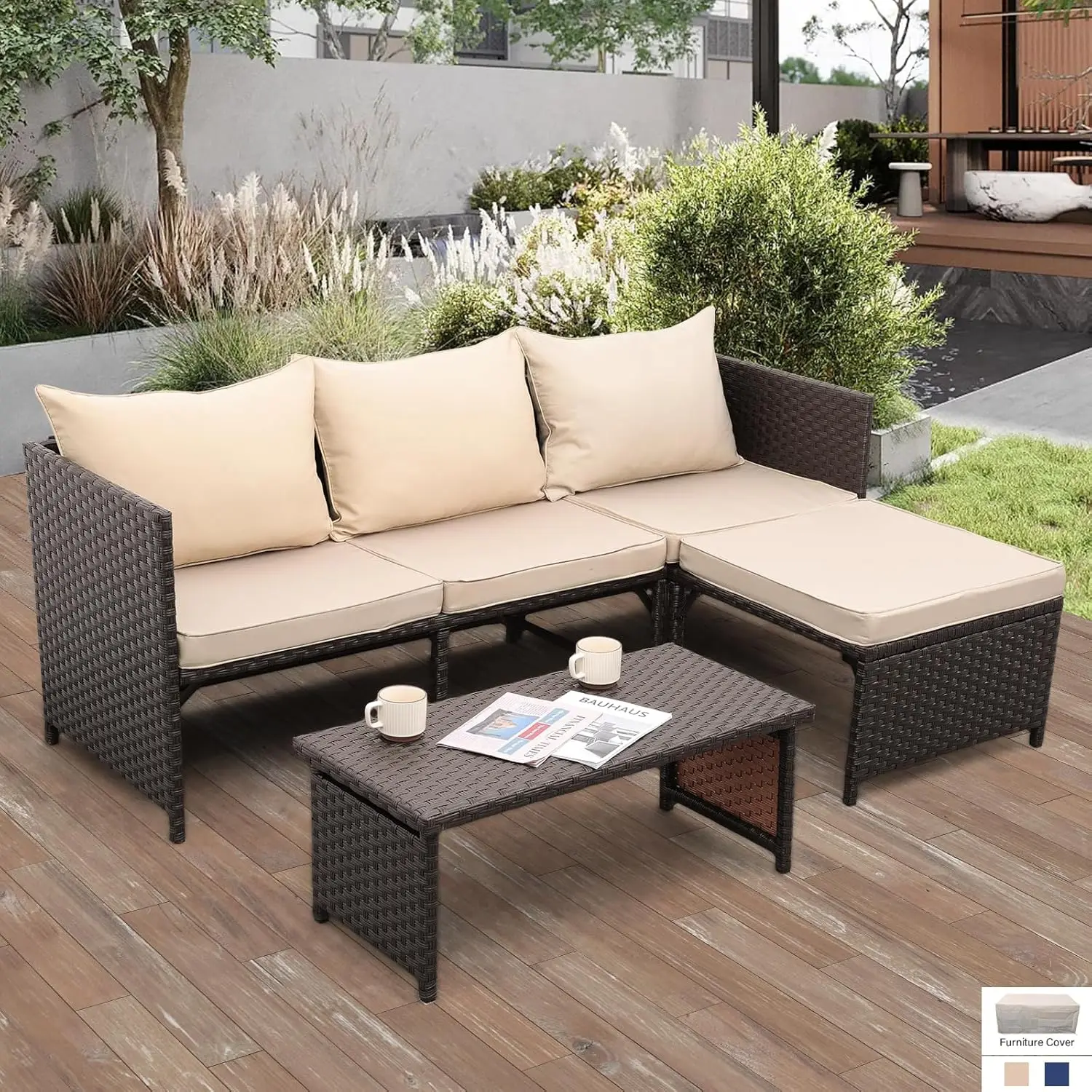 3 Piece Patio Set Outdoor Furniture Set Patio Conversation Sets Outdoor Sectional Sofa Patio Loveseat Coffee Table with Non-Slip