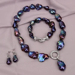 G-G AA+ Cultured Peacock Blue Black Baroque Keshi Pearl CZ Pendnat Necklace Bracelet Earrings Sets Classic Jewelry For Women