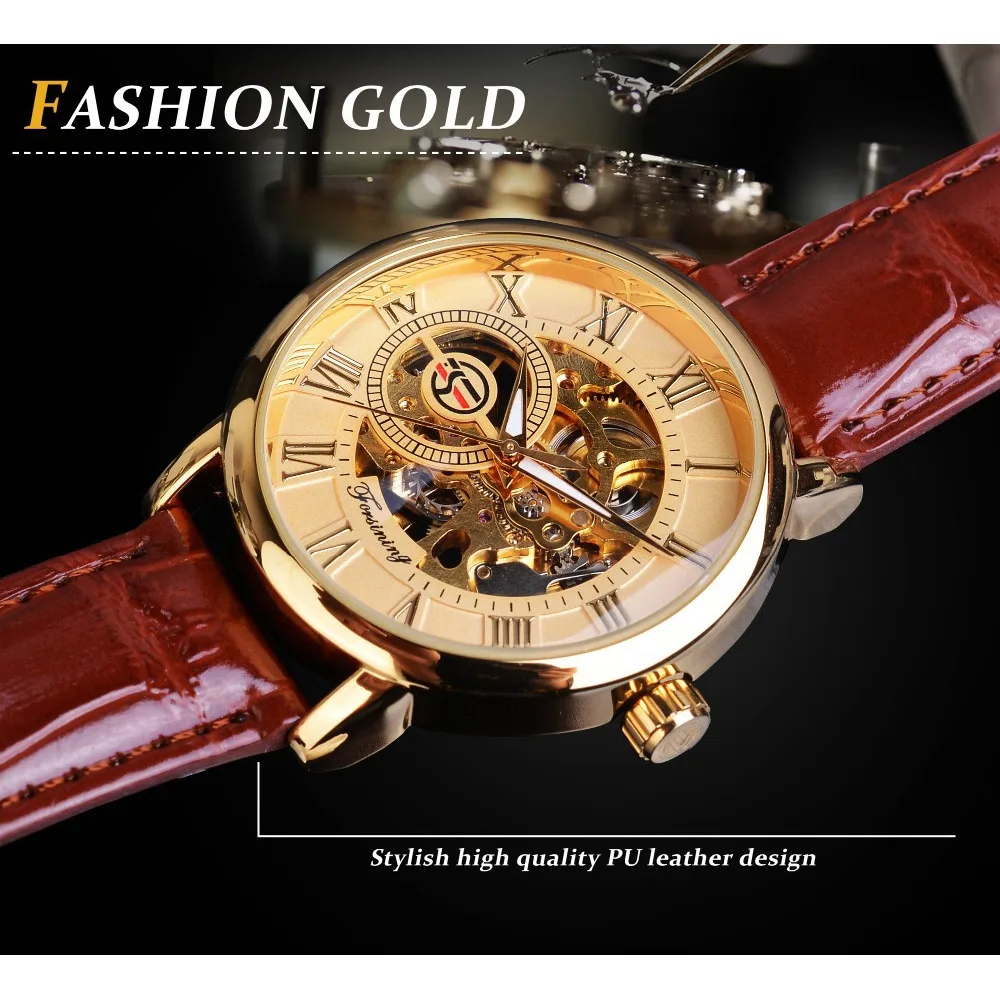 Forsining Top Men Watches Hollowed Out Chassis Frame Genuine Leather Strap Luminous Hand Wind Mechanical Watch For Men Reloj