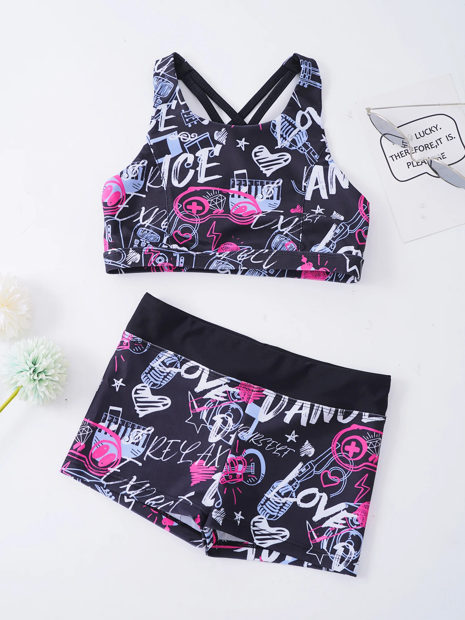 Kids Girls Ballet Dancewear Gymnastics Leotard 2pcs Printed Tanks Crop Top with Shorts Set Workout Yoga Performance Outfit