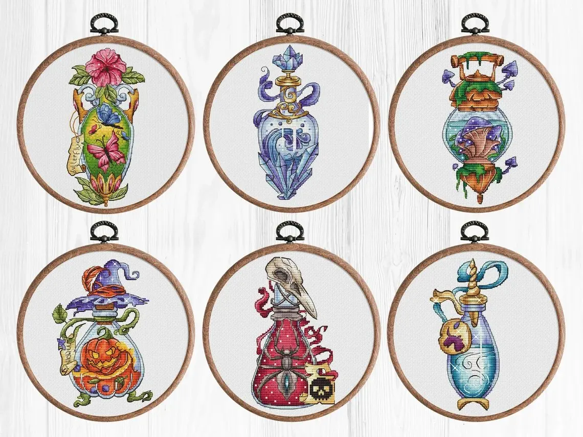 Bottle Series - Butterfly,  Mushroom, Pumpkin, Spider,  Needle Work Cross Stitch counted Cross Stitch Kit Metallic cotton aida