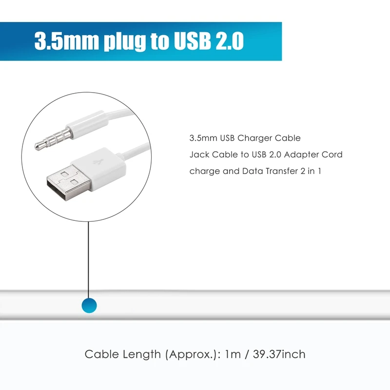 3.5mm Plug Audio AUX to USB 2.0 Plug Adapter Charging Cable 1M White