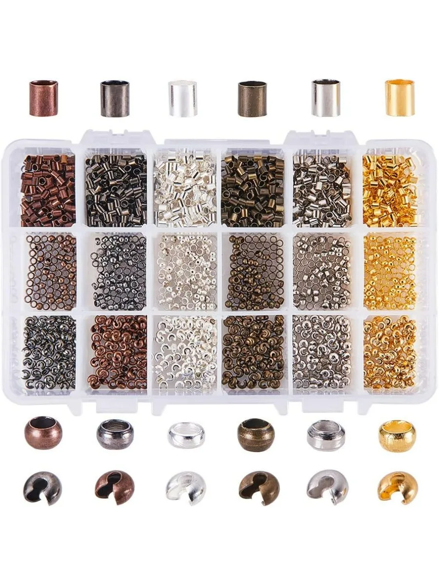 About 380pcs 6 Color 3 Styles 3mm Iron Brass Crimp Beads Clamp End Crimp Cover Tube Beads for Jewelry Bracelet Making