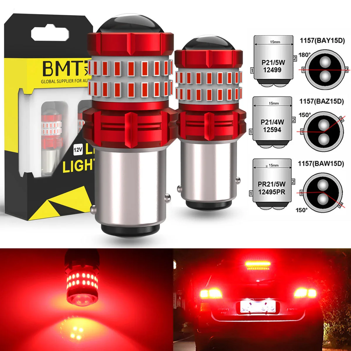 BMTxms 2PC Canbus BAZ15D P21W/4W BAW15D PR21W/5W BAY15D P21/5W 1157 LED 12499 12594 12595PR LED Brake Stop Tail Red Singal Light