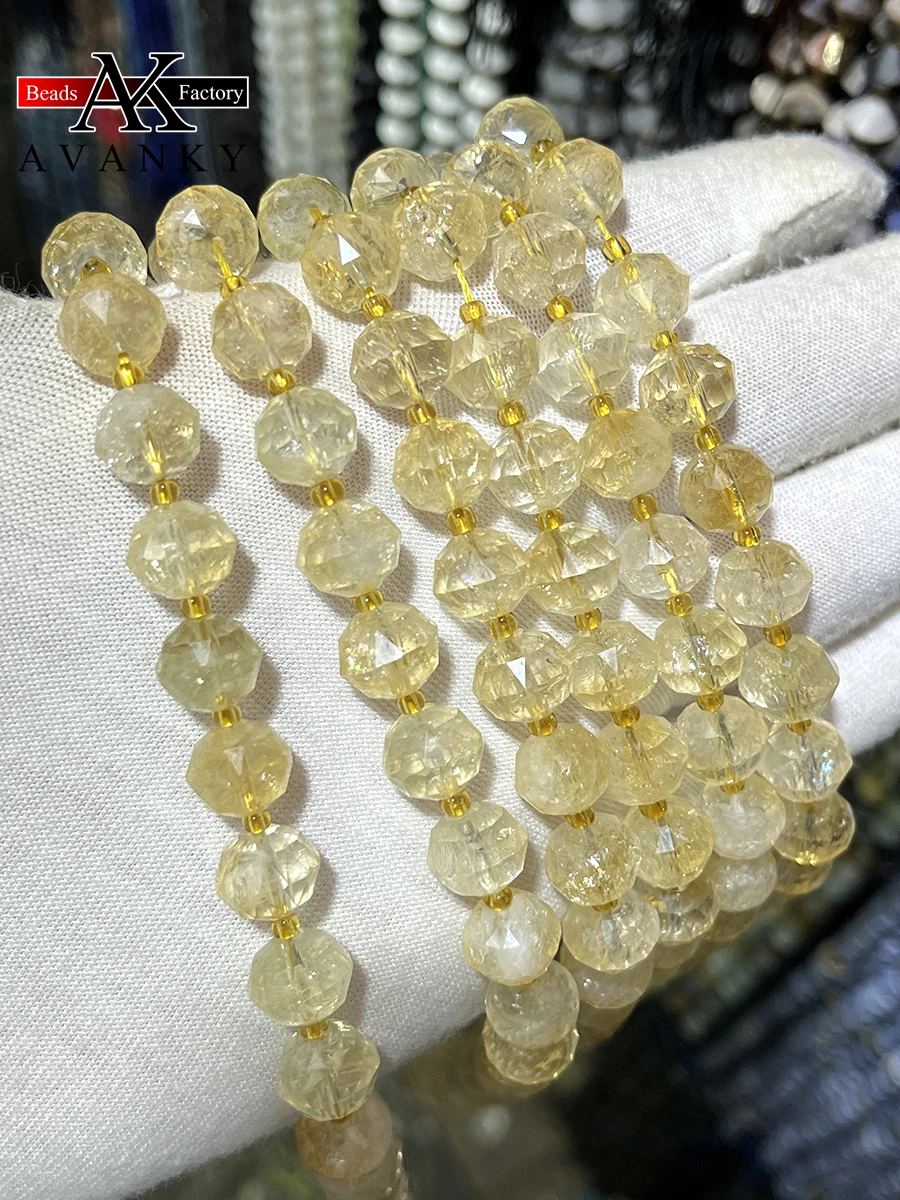 

Natural Citrine Crystal Round Yellow Stone Lantern Beads Faceted Loose Spacer For Jewelry Making DIY Necklace Bracelet 15'' 10MM