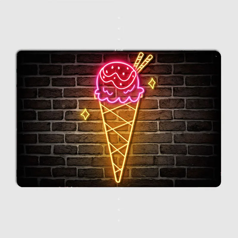 Ice Cream Neon Sign Metal Wall Art Cave Pub Classic Painting Tin Sign Vintage Posters Room Decor Home Decoration