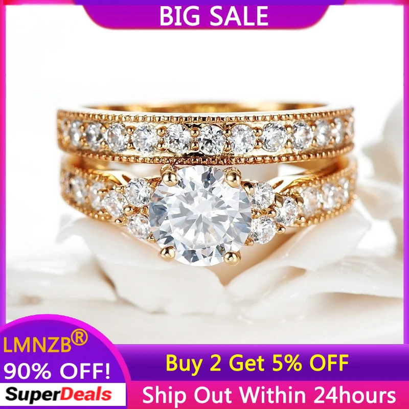 LMNZB Real Tibetan Silver Gold Color Rings Set Natural 2.0ct Cubic Zirconia Fashion Accessories Wedding Bands Set for Women R045