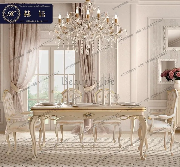 French light luxury rectangular dining table fashion ivory white gold dining table
