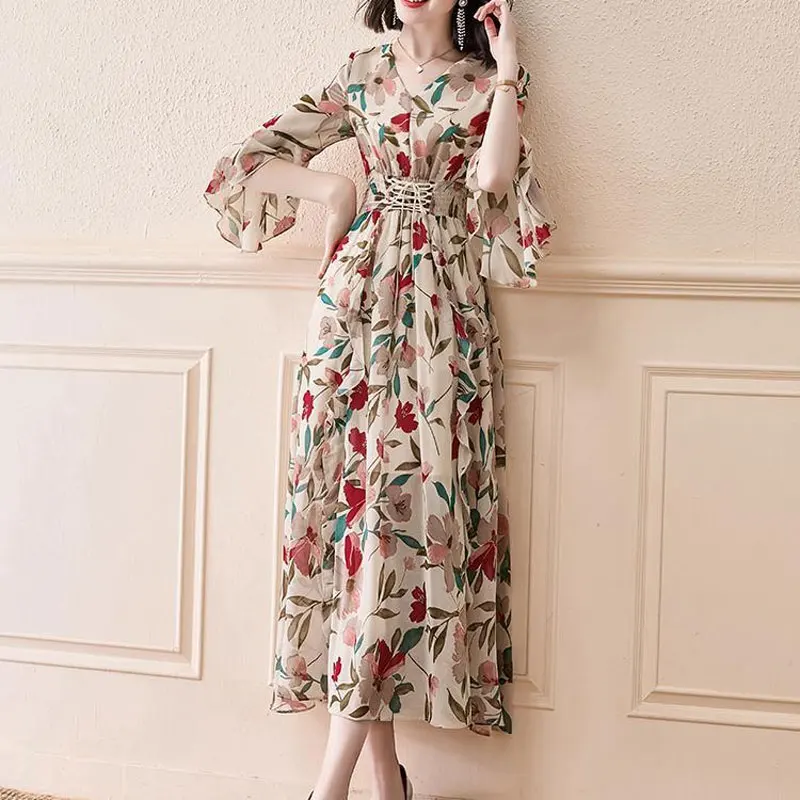 Long Drawstring A-Line Waist Dress Female Clothing French Style Broken Flowers 2024 Summer Elegant V-Neck Half Sleeve Dresses