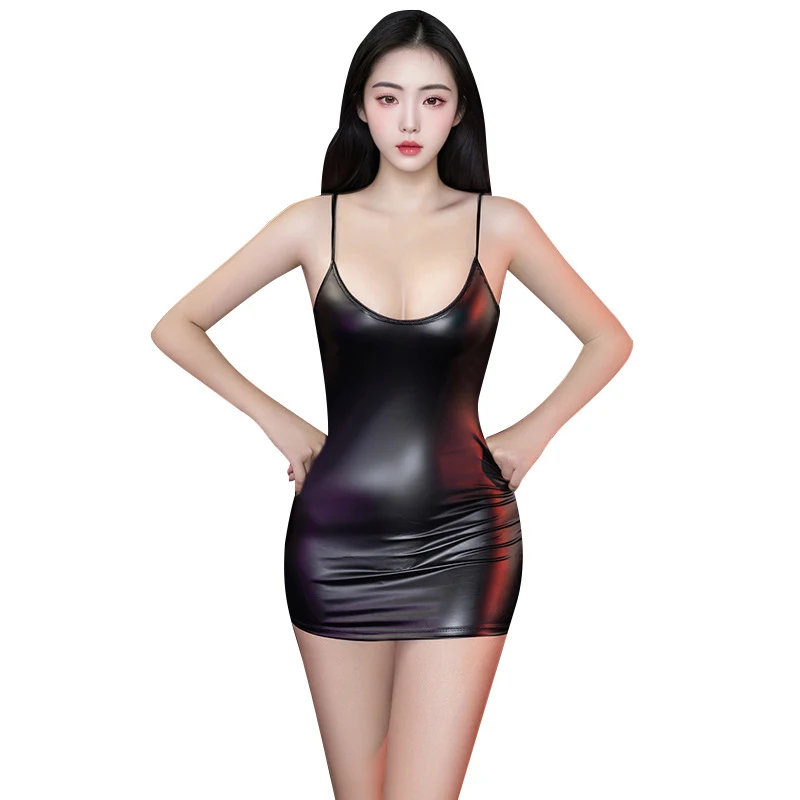 Sexy vestido erótico de couro falso em forma de coração sem costas vestido curto preto saias quentes oco bodysuit para mulher uniforme de empregada exótica