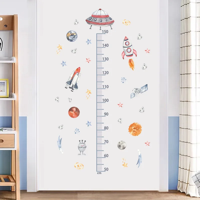 Kids Room Height Measure Wall Stickers Cartoon Outer Spaceship Planets Rocket Height Grow Up Chart Wall Decals for Boy Girl Room