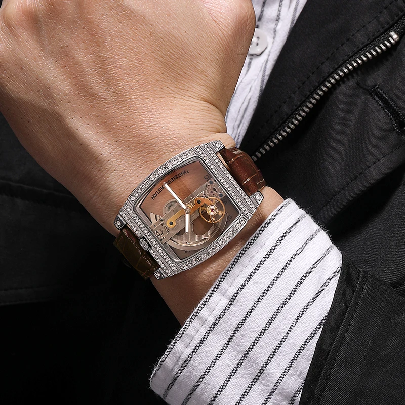 Luxury Tonneau Mechanical Watch for Man Automatic Self-Wind Bling Bling Full Diamond Case Skeleton Transparent Dial Gift for Man