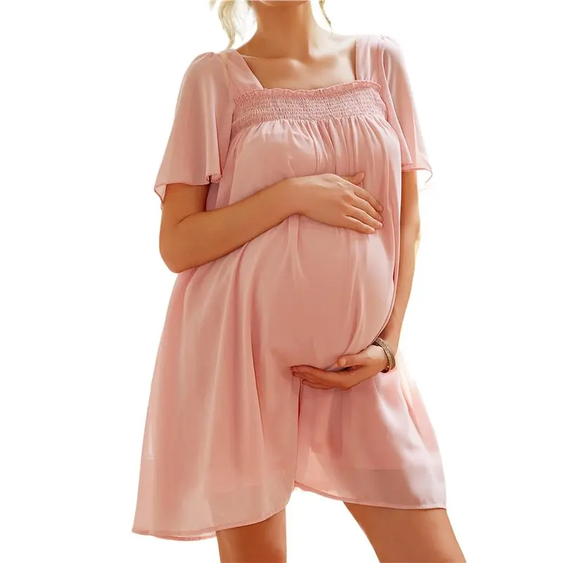 

CYL-Maternity Dresses For Women's Trendy Mesh Short Sleeves Dress Pregnant Women Holiday Casual Sundress