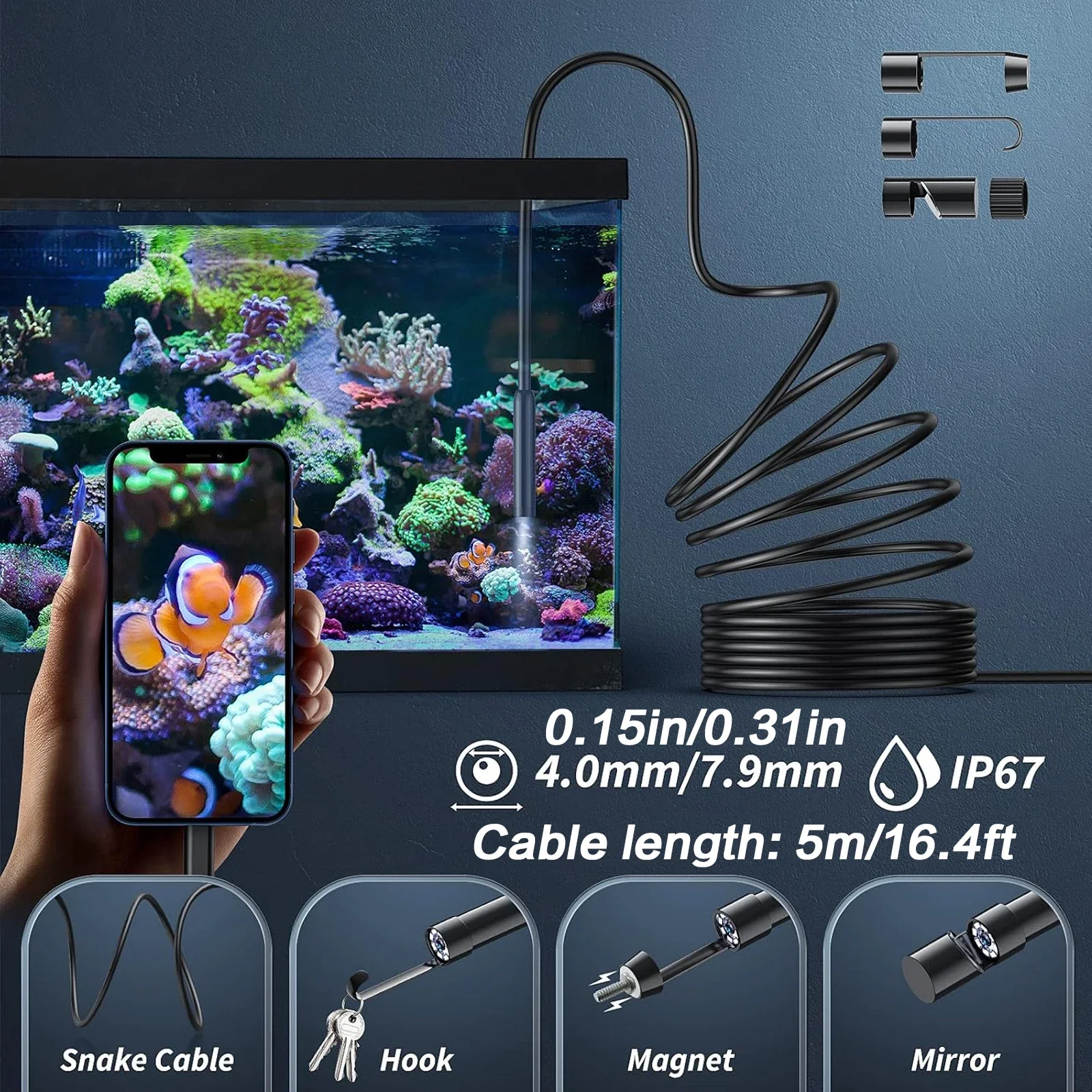 Endoscope Camera 1920P HD Inspection Waterproof 164ft Snake Tube 8 LED for iOS Android Industrial Borescope Tool