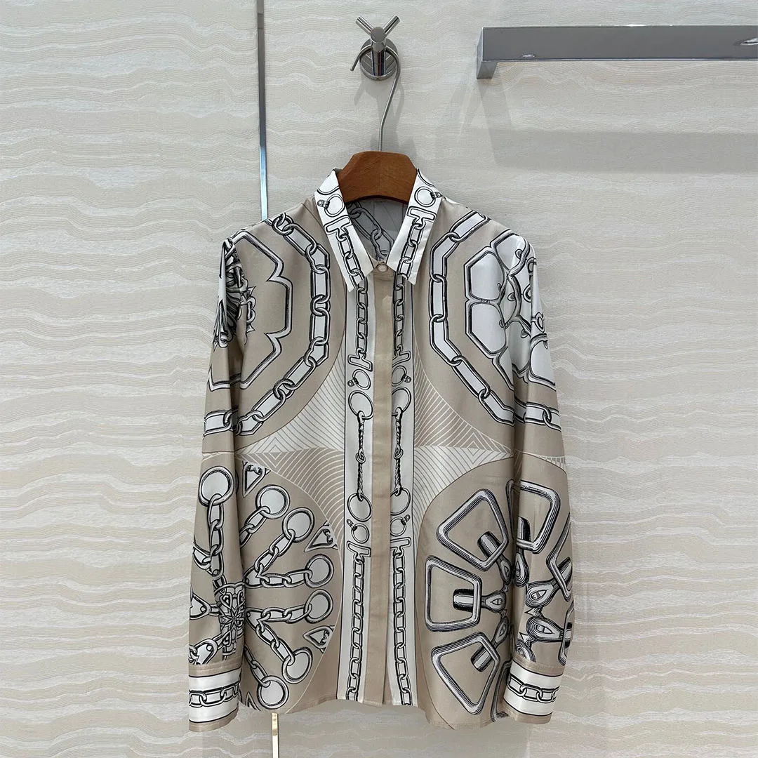 2025 nouveau printemps rétro 100% chemise en soie décontracté hauts femmes revers à manches longues simple boutonnage chaînes imprimer Vintage Blouses amples