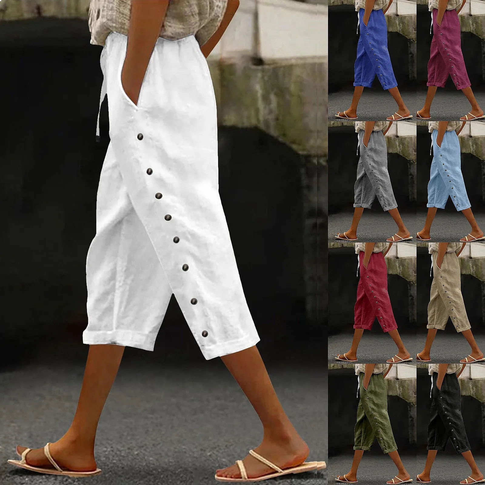 2025 Summer Women's Pants Elastic Waist Casual Capri Pants Breathable Comfortable Trousers