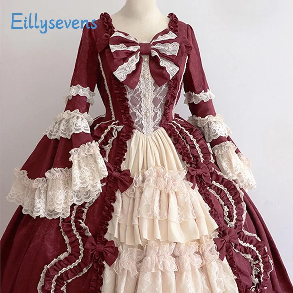 Women Vintage Bow Dress Bow Square Collar Patchwork Halloween Cosplay Costumes Middle Ages Gothic Court Victoria Sweet Dresses