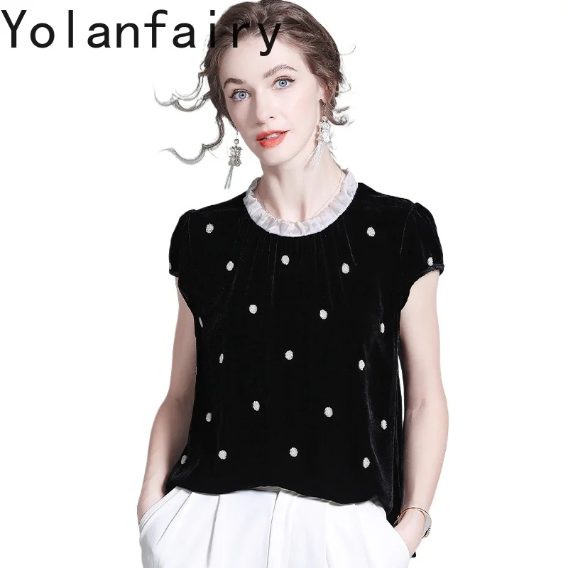 YOLANFAIRY Top Quality Real Mulberry Silk Velvet T Shirt for Women Autumn Korean Elegant Blouse Luxury Embroidery Shirts Woman